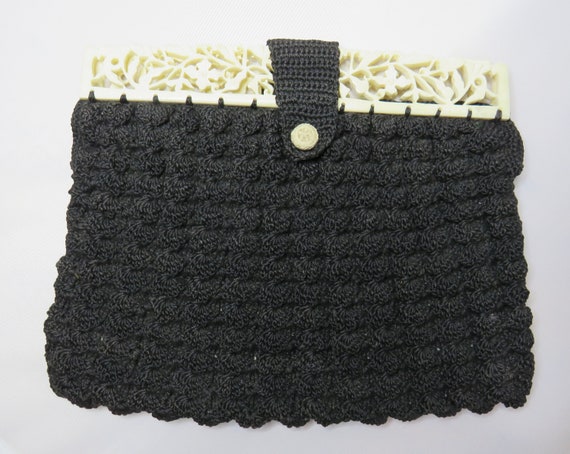 1930s Crochet Black Purse with Carved Bone Handle - image 1