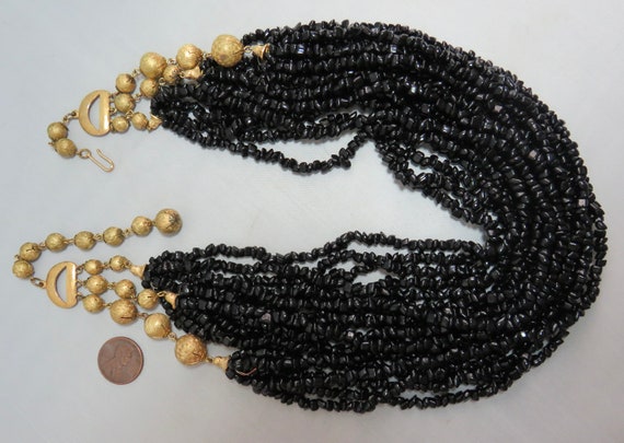 JONNÉ Signed Black Multi Strand Necklace w/Gold B… - image 5