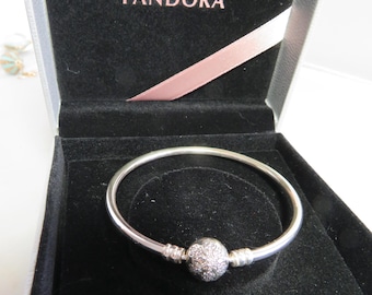 PANDORA Signed Sterling Silver and CZ Snowflake Charm Ball Bangle Bracelet    ZD34