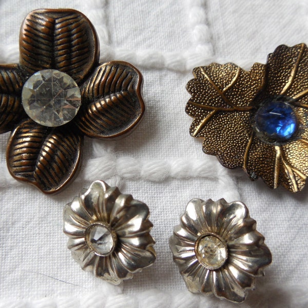 4 Antique Rhinestone Centered Floral Metal Buttons