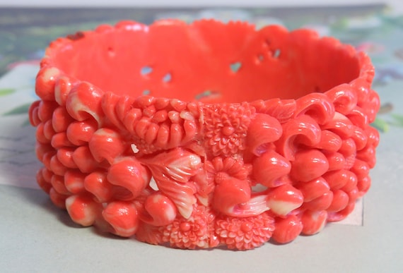 Wide Carved Celluloid Bangle Bracelet Chrysanthem… - image 2