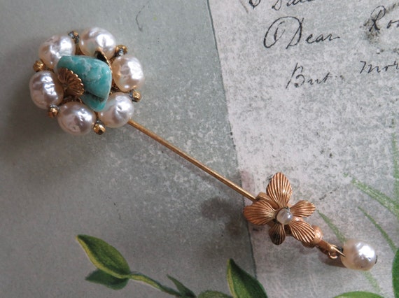 MIRIAM HASKELL Signed Gold, Pearl & Turquoise Sti… - image 1