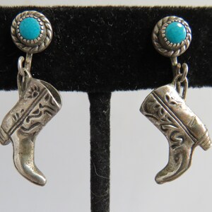 Sterling Silver & Turquoise Dangle Cowboy Boot Screw Back Earrings.   UBG31