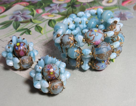 Miriam Haskell Style Blue Bead & Memory Wire Brac… - image 1