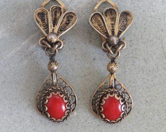 Antique Chinese Silver Vermeil Wire Work Earrings w/ Coral Cabochons     ZAH20