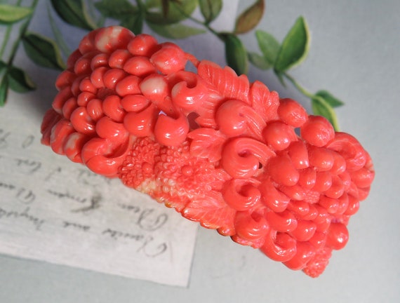 Wide Carved Celluloid Bangle Bracelet Chrysanthem… - image 6