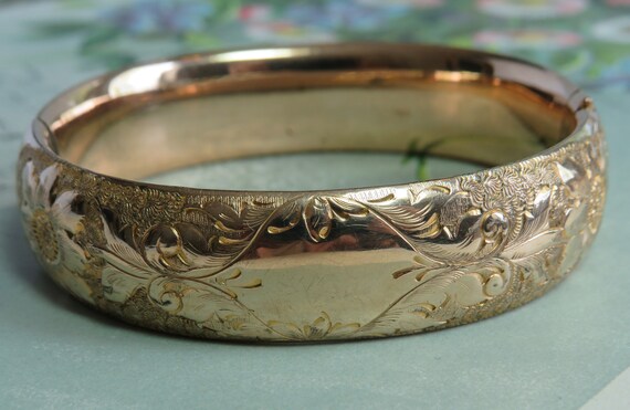 Wide Victorian Gold Filled Etched Hinged Bangle B… - image 6