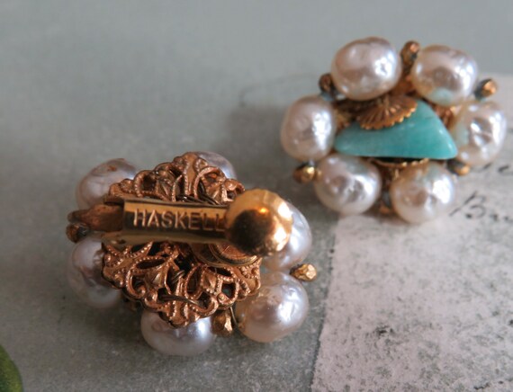 MIRIAM HASKELL Signed Gold, Pearl & Turquoise Cli… - image 2