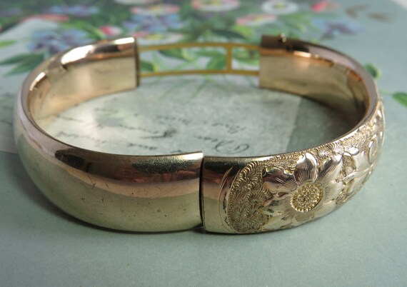 Wide Victorian Gold Filled Etched Hinged Bangle B… - image 3