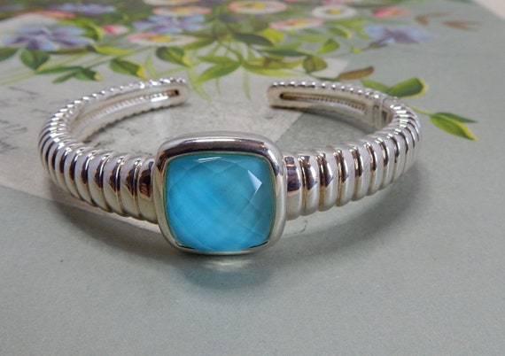 Ribbed Sterling Hinged Cuff Bracelet w/ Pale Blue… - image 1