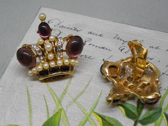 Amethyst Cabochon Crown Brooch & Clip On Earring … - image 3