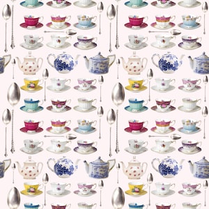 Tea Cups Teapots Teaspoons Digital Download, Seamless Pattern, Repeat Design, Png File, Journal Paper, Backing Paper, Craft Projects,