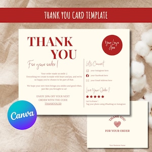 Modelo de cartão de agradecimento empresarial EDITÁVEL em formato de coração no Canva, cartão de agradecimento pelo pedido, cartão de visita para pequenas empresas, download instantâneo