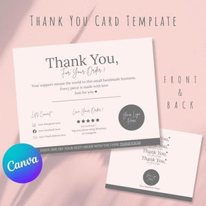 Modelo de cartão de agradecimento empresarial minimalista EDITÁVEL Canva, cartão de agradecimento pelo pedido, cartão de visita para pequenas empresas, download instantâneo