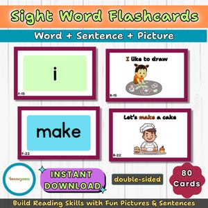 80 Sight Word Flash Cards with Sentences and Pictures Sight Words Flashcards for Kids Printable Double-Sided Cards Learn to Read