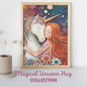 Magical Unicorn Hug – Whimsical Girl’s Room Digital Art Print - Vibrant Rainbow Colors, High Resolution, Instant Download, Bedroom Wall Art