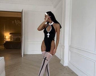Nun Costume Set Women | Themed Dress with Headpiece, Thong & Stockings | Adjustable One Size Fits XS–M | Role Play Outfit - Lingerie Set