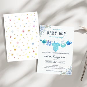 Editable Boy Baby Shower Invitation, Baby Clothes Invite A sweet baby boy is on his way Laundry Blue Greenery, Digital template