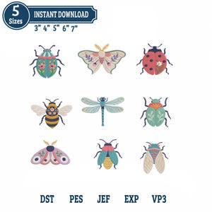 Floral Bug Embroidery Design Bundle, Botanical Insect Machine Embroidery Files, Beetle Moth Bee Dragonfly Ladybug Cicada Pattern Set