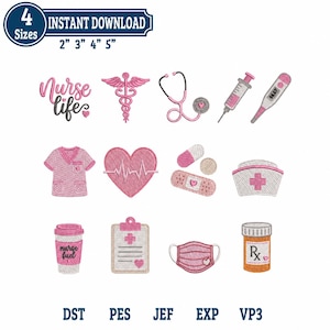May include: A digital embroidery design set featuring medical-themed icons in pink and white, including a stethoscope, syringe, thermometer, heart with EKG line, scrub top, nurse cap, face mask, pill bottle, and clipboard with the text Nurse life.