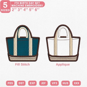 May include: Machine embroidery design set featuring two tote bag designs. One is teal with beige accents, labeled "Fill Stitch." The other is white with beige accents, labeled "Applique." Includes sizes 2" to 6".