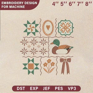 May include: An embroidery design for machine use, featuring a grid of stitched images. The design includes a duck, stars, flowers, and a bow. The text at the top reads "4" 5" 6" 7" 8"" and "EMBROIDERY DESIGN FOR MACHINE".