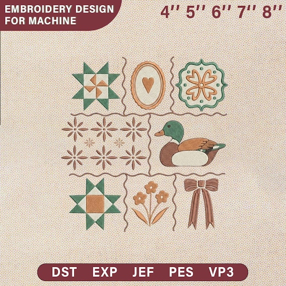 Thrifting Inspired Patchwork Embroidery Design, Vintage Duck and Bow Quilt Block, Thrifted Style Sampler Pattern, Cottagecore Upcycle Art