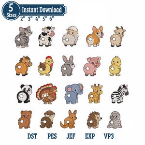 May include: A collection of twenty digital embroidery designs featuring cartoon animals including a cat, cow, sheep, dog, goat, horse, chicken, rabbit, pig, chick, panda, turkey, elephant, giraffe, zebra, bear, otter, kangaroo, hedgehog, and seal.