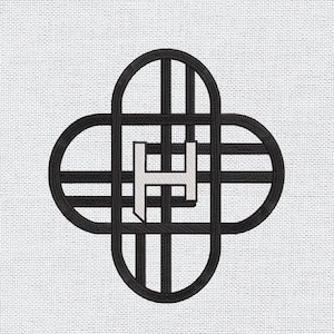 May include: Black and white embroidered design featuring an intertwined geometric pattern with a central letter "H". The design is set against a textured, off-white background, creating a striking contrast.