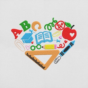 Teacher Heart Embroidery Design, Back to School Embroidery, Teacher Gift, School Supplies Embroidery Design, Instant download