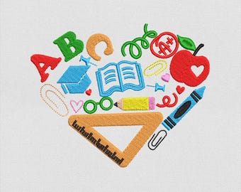 Teacher Heart Embroidery Design, Back to School Embroidery, Teacher Gift, School Supplies Embroidery Design, Instant download