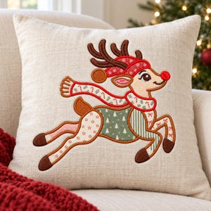 Christmas Reindeer Embroidery Design, Patchwork Applique Embroidery File, Lovely Santa Hat Deer Holiday Decor Machine File, Instant Download