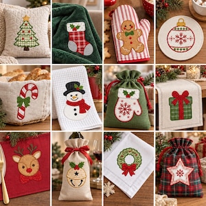 Puede incluir: Una colección de doce artículos textiles con temática navideña que incluye un cojín acolchado con un árbol, una manta verde con un calcetín, un guante de cocina a rayas con un hombre de jengibre, un posavasos redondo, una cesta y bolsas.