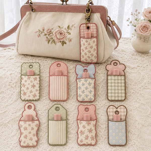 ITH Lipstick Pouch Embroidery Design Bundle, Lip Balm Holder Keychain, Chapstick Case, In The Hoop Machine File, Instant Download