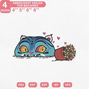 May include: An embroidery design of a blue cat with yellow eyes and a pink mouth, beside a tipped-over flower pot. The design includes the text "EMBROIDERY DESIGN FOR MACHINES" and sizes 10 cm, 13 cm, 15 cm, and 20 cm.