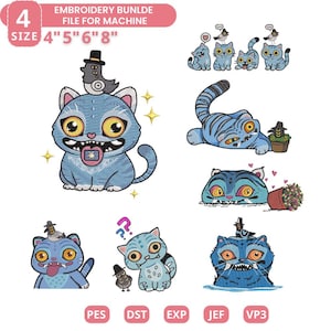 May include: A set of blue cat embroidery designs with different expressions and accessories. The designs feature cats with hats, birds, and flowers. The text "EMBROIDERY BUNLDE FILE FOR MACHINE" and sizes 10.16cm, 12.7cm, 15.24cm, and 20.32cm are also present.