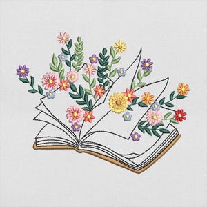 Blooming Book Embroidery Design, Floral Open Book with Wildflowers Machine Embroidery File, Instant Download Dst Pes Exp