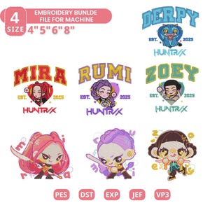 Könnte beinhalten: Ein digitales Stickmuster-Bundle mit Cartoon-Charakter-Designs, darunter "Derpy", "Mira", "Rumi" und "Zoey". Jedes Design enthält "EST. 2025" und "HUNTR/X". Das Bundle enthält die Größen 10,16 cm, 12,7 cm, 15,24 cm und 20,32 cm.
