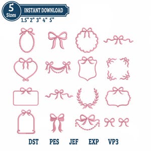 Ribbon Bow Wreath Monogram Frame Embroidery Design Bundle, Coquette Crest Machine Embroidery Files, Floral Bow Frame Collection