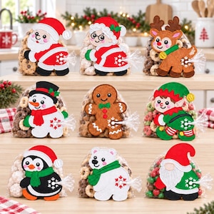 May include: Nine clear plastic treat bags filled with various snacks, each featuring a felt cutout of a holiday character including Santa, Mrs. Claus, a reindeer, a snowman, a gingerbread man, an elf, a penguin, a polar bear, and a gnome.