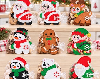 May include: Nine clear plastic treat bags filled with various snacks, each featuring a felt cutout of a holiday character including Santa, Mrs. Claus, a reindeer, a snowman, a gingerbread man, an elf, a penguin, a polar bear, and a gnome.