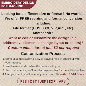 May include: Image with text: EMBROIDERY DESIGN FOR MACHINE. Offers free resizing and format conversion, including file formats (HUS, XXX, VIP, ART, etc.). Custom edits start at $2 per request. Customization process: message via Etsy, review, payment link, and receive custom file within 12-24 hours.