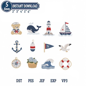 May include: A collection of twelve nautical-themed machine embroidery designs including a teddy bear in a sailor suit, a whale, lighthouse, sailboat, anchor, buoy, flag with the letter N, seagull, compass, flowers in a basket, wave, and life ring.