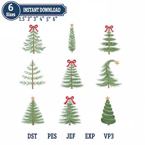 May include: A digital embroidery design set featuring nine distinct green Christmas tree illustrations. Some trees are topped with red bows or yellow stars. The text reads 6 Sizes, 1.5" 2" 3" 4" 5" 6", and file formats DST, PES, JEF, EXP, VP3.