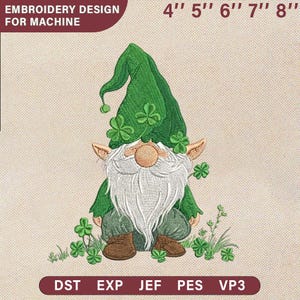 May include: An embroidery design for a machine features a green gnome with a white beard and a green hat adorned with shamrocks. The design includes the text "EMBROIDERY DESIGN FOR MACHINE" and size options from 4" to 8".