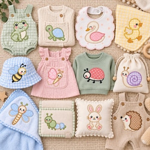 May include: A collection of baby items featuring embroidered animal designs, including a green gingham romper with a frog, a beige sweater with a turtle, a scalloped bib with a swan, a yellow gingham cloth with a duck, a blue bucket hat with a bee, a pink dress with a butterfly, a green sweatshirt with a ladybug, a drawstring bag with a snail, a blue towel with a dragonfly, a beige case with a caterpillar, a square pillow with a rabbit, and beige overalls with a hedgehog.