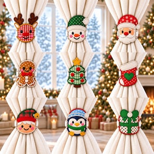 May include: A set of nine decorative curtain tiebacks featuring embroidered Christmas-themed designs including a reindeer, snowman, Santa Claus, gingerbread man, Christmas tree, stocking, elf, penguin, and a wrapped gift box.