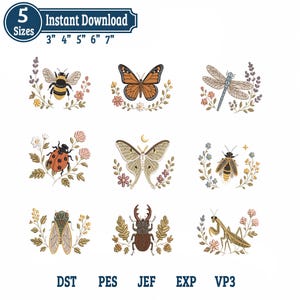 May include: A digital embroidery design set featuring nine distinct insects including a bee, butterfly, dragonfly, ladybug, moth, firefly, cicada, beetle, and mantis, each surrounded by floral elements. Text includes 5 Sizes, 3" 4" 5" 6" 7", and file formats DST, PES, JEF, EXP, VP3.