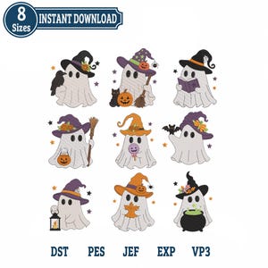 Peut inclure: Une collection de neuf motifs de fantômes brodés sur le thème d'Halloween avec des citrouilles, chapeaux de sorcière, balais, livres, lanternes et chaudrons, ornés de petites étoiles. Le texte en haut indique 8 Sizes INSTANT DOWNLOAD.
