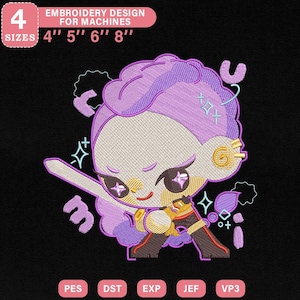 Peut inclure: Motif de broderie représentant un personnage de dessin animé aux cheveux violets et une épée. Le motif comprend le texte "EMBROIDERY DESIGN FOR MACHINES" et les tailles 10 cm, 13 cm, 15 cm et 20 cm. Le motif est sur fond noir.